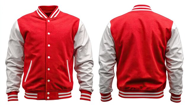 Red/white letterman jacket, front/back view, buttoned