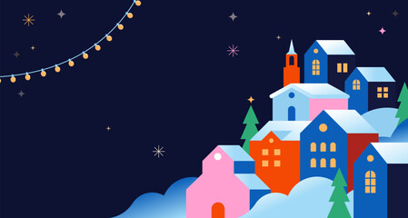 Winter town colorful geometric Christmas background.
