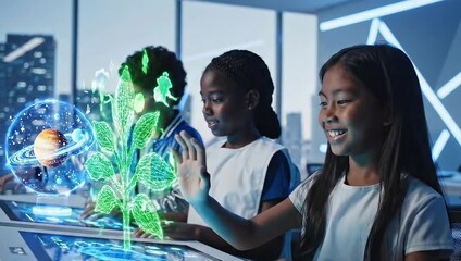 Kids exploring virtual reality planetarium on interactive display learning about space science with cutting edge technology - Powered by Adobe