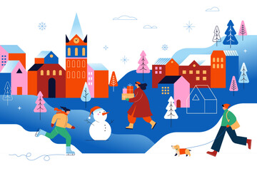 Winter town colorful geometric Christmas background.