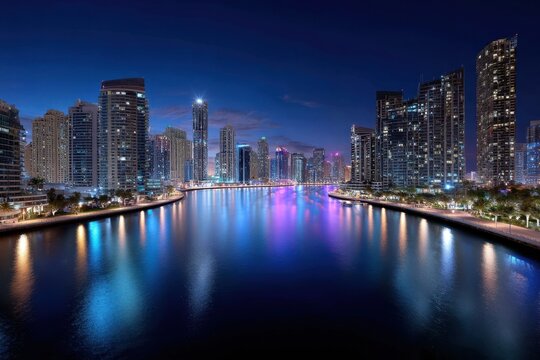 Dubai skyline illuminated by colorful lights reflecting on the water at night - Powered by Adobe