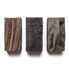 Three rough-cut dark wooden blocks, isolated and textured
