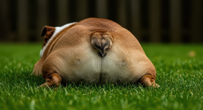 Close up of the lower body and thick hind legs of a lazy English bulldog resting comfortably in bright green springtime grass ,powerful ,napping ,close up