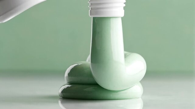 Thick mint green paste squeezing from a white tube opening, forming a smooth mound against a pastel background in a close-up macro shot