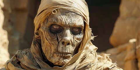Ancient undead horror creature emerging from forgotten desert tomb. Cursed spirit wrapped in tattered bandages, terrifying glowing eyes stare menacingly forward, dark fantasy vision.