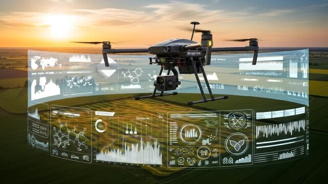 Advanced drone technology monitoring fields for precision agriculture at sunset