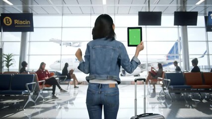 A young woman stands in a bright modern airport terminal holding a tablet with a green screen ready for her journey and looking forward to travel adventures. - Powered by Adobe