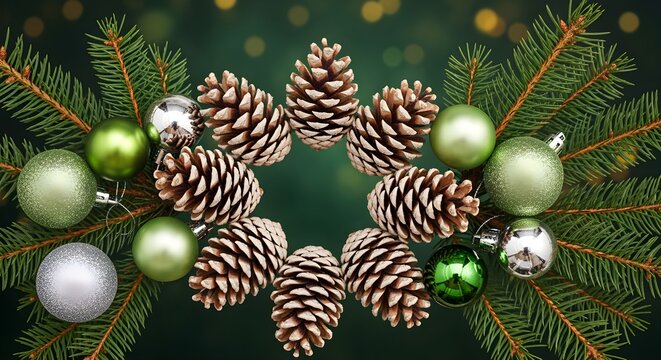 Festive Christmas Arrangement Natural Pine Cones and Shimmering Green, Silver Ornaments on Lush Evergreen Branches for Holiday Season Decoration