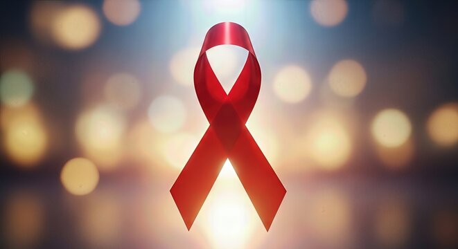 Crimson ribbon elegantly floats, shining brightly against a tranquil golden light bokeh setting, embodying world aids awareness, a powerful symbol conveying health, hope, unity, and compassion.