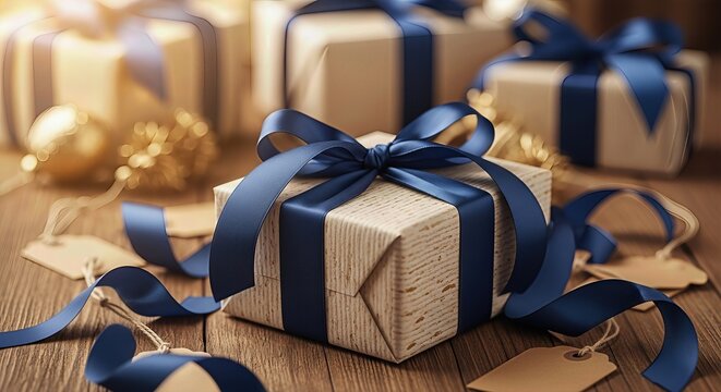 Beautifully wrapped gifts with deep blue satin ribbons sit ready on rustic wooden planks, perfect for a joyful winter holiday season giving appreciation.