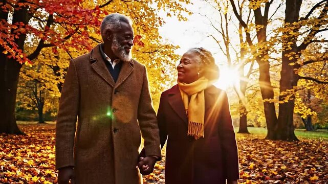 An elderly couple holding hands, smiling and walking together in a park on a sunny autumn day with vibrant yellow and orange leaves. Perfect for Happy Thanksgiving, fall, or seasonal - Powered by Adobe