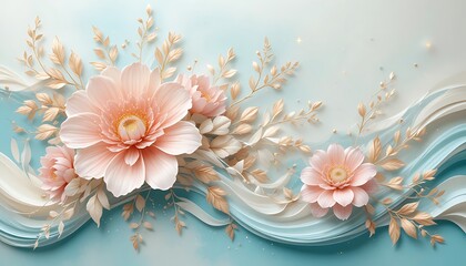 Elegant 3D Floral Illustration with Pink Flowers and Golden Leaves on a Wavy Pastel Background.