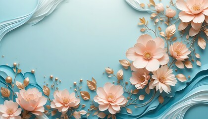 Elegant 3D paper flowers and golden leaves on a light blue background with abstract waves.