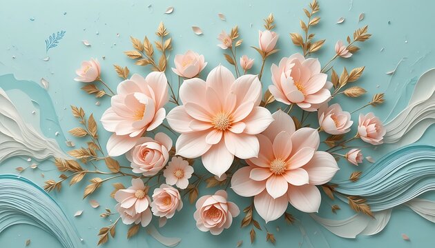 Elegant 3D Floral Composition with Pink Flowers and Golden Leaves. - Powered by Adobe