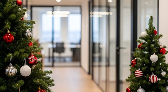 Festive Christmas Trees Adorn a Modern Office Hallway, Bringing Holiday Cheer to the Contemporary Business Environment
