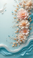 Elegant 3D Papercraft Flowers on Blue Background.