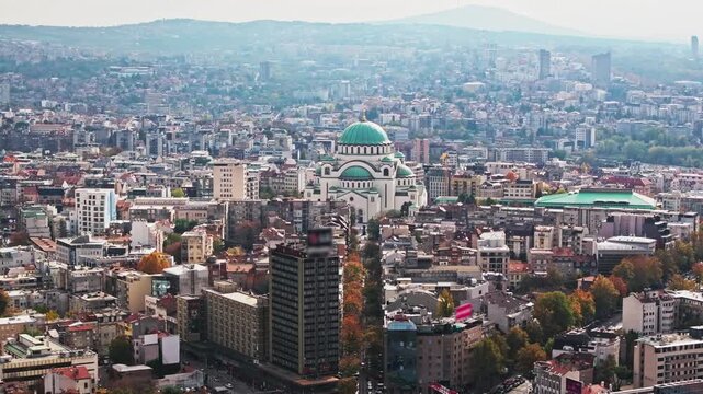 Epic aerial Drone view of the Church of Saint Sava in Belgrade, Serbia. Belgrade Cityscape, landscape of the capital of Serbia, aerial view with Modern Drone