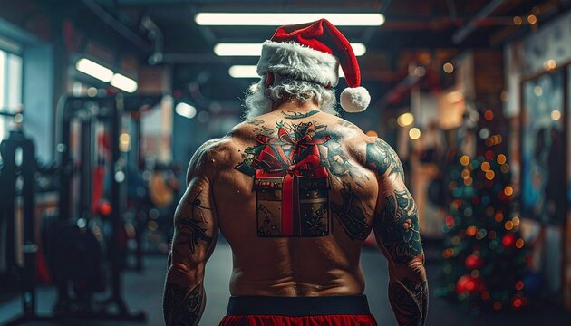 Santa the Bodybuilder &mdash; Gym Session with Gift Tattoo