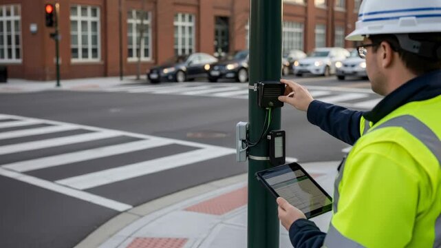 Man in hard hat and safety vest operating smart traffic light sensors with tablet for road control system installation footage.