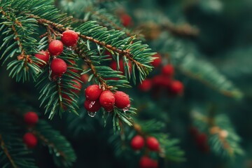 Spruce berries gleam on green backdrop
