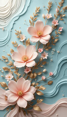 Elegant 3D Pink Flowers with Golden Leaves on a Light Blue Background.