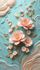 Elegant 3D pink flowers with golden leaves on a textured background 1.