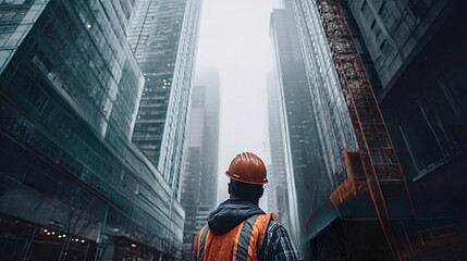 Construction worker in hard hat and safety vest stands in downtown, looking up at skyscrapers and a tower crane  symbolizing urban development, infrastructure and ambition