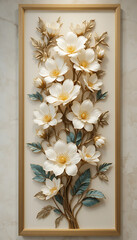Elegant 3D White Floral Wall Art with Golden Accents.