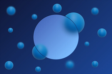 Abstract composition Blue 3D spheres on a dark blue background with a transparent circle. Eps 10