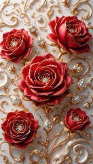 Elegant BasRelief of Red Roses with Gold Glitter and Diamonds.