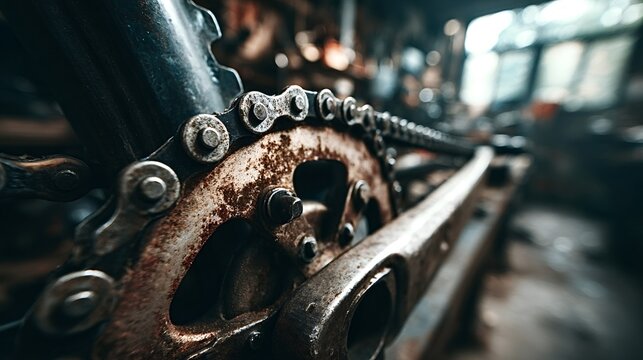 Bicycle chain with prominent rust on the gear and crank arm, showing wear and tear, representing repair, maintenance, and the aging process of mechanical parts in a workshop setting