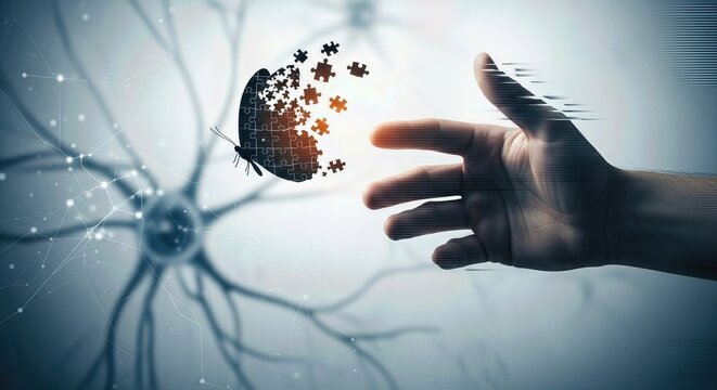 A human hand reaching for a fading butterfly disintegrating into small puzzle fragments, symbolizing the cognitive challenges of Parkinson's disease and brain decline.