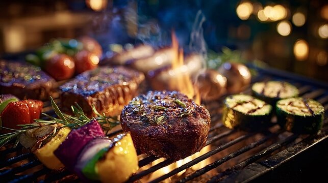 Delicious steaks, sausages, and colorful vegetable skewers cooking on a hot grill with glowing embers and flames, creating a warm and inviting atmosphere for an outdoor summer dinner