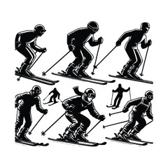 Set of Vintage Skier Silhouettes Winter Sport Action Vector Illustrations