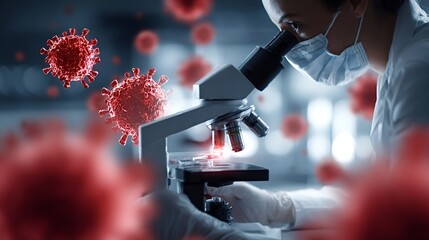 Scientist wearing protective mask and gloves looking into a microscope, actively researching virus cells, symbolizing medical advances, disease prevention, and outbreak control in a laboratory