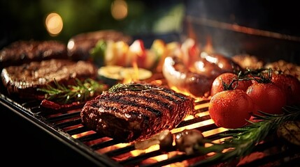 Assortment of steak. Sausages. Cherry tomatoes. And various vegetables cooking on a hot barbecue grill. With flames rising and blurred lights in the background creating an inviting evening atmosphere