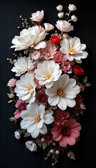 Elegant Bouquet of White and Pink Flowers on a Dark Background.