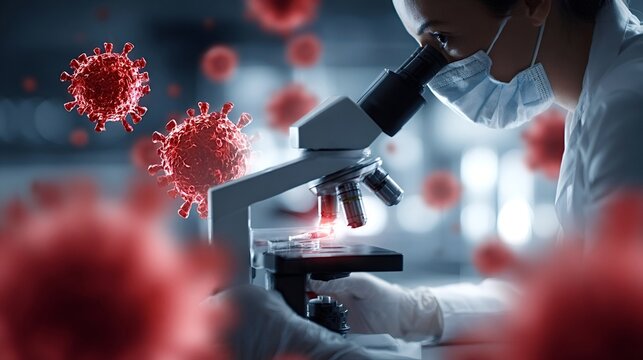 Scientist wearing protective mask and gloves looking into a microscope, actively researching virus cells, symbolizing medical advances, disease prevention, and outbreak control in a laboratory