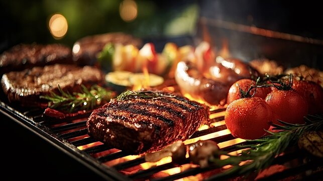 Assortment of steak. Sausages. Cherry tomatoes. And various vegetables cooking on a hot barbecue grill. With flames rising and blurred lights in the background creating an inviting evening atmosphere