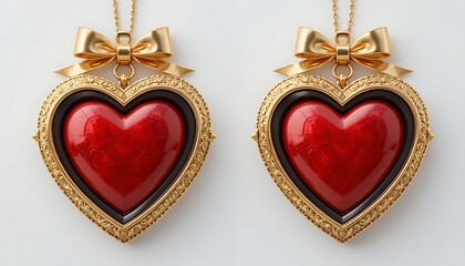 Elegant Golden Heart Lockets with Red Gems and Bows on a White Background.