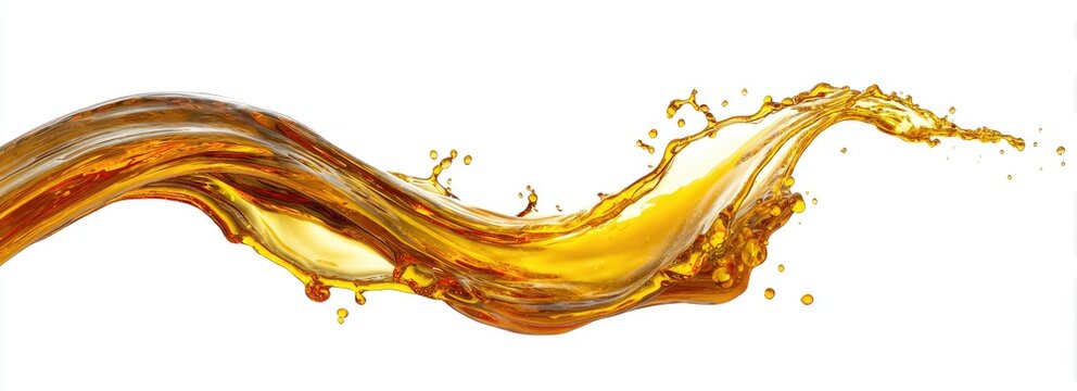 Golden fluid splash, flowing motion on a white backdrop