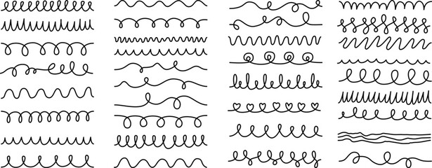  Hand drawn wavy Seamless lines, curly and looped doodle strokes created as pattern brushes for Illustrator. Perfect for modern design projects, invitations, greeting cards, scrapbooking