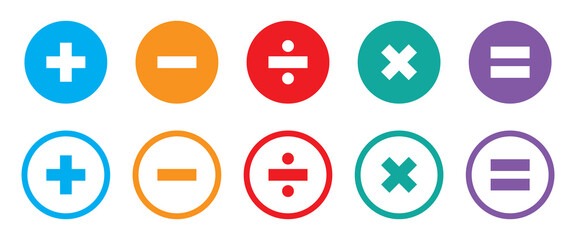 plus and minus icon set, positive and negative symbol set, colourful plus and minus math sign set, addition and subtraction sign set png and vector illustration on transparent background
