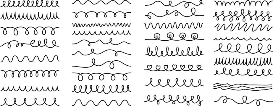  Hand drawn wavy Seamless lines, curly and looped doodle strokes created as pattern brushes for Illustrator. Perfect for modern design projects, invitations, greeting cards, scrapbooking