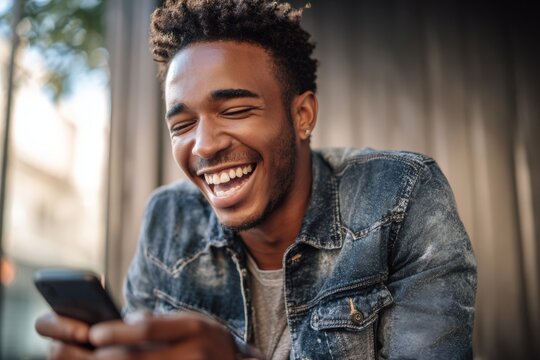 Man Enjoying Time at Outdoor Cafe While Laughing and Using Smartphone in Vibrant City Setting During Bright Day - Powered by Adobe