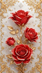 Elegant Red Roses with Golden Leaves and Diamonds.