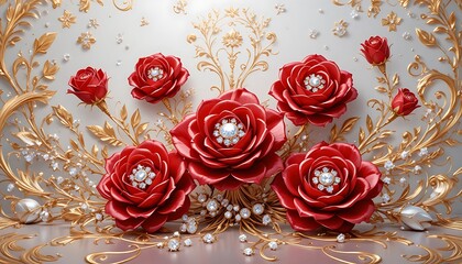 Elegant Red Roses with Golden Ornaments and Sparkling Diamonds.