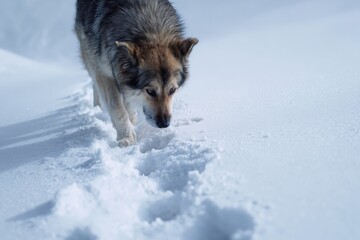 Snow-covered Landscape Features a Wolf Walking Through Fresh Snow in a Tranquil Winter Scene