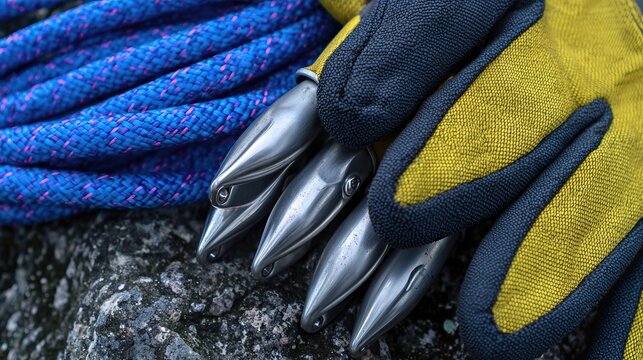 Climbing Gear Flat Lay Showcasing Gloves and Carabiner on Textured Rock Surface