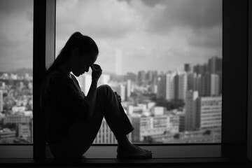 Silhouette of a woman sitting by a window city apartment, showing sadness and emotional struggle....